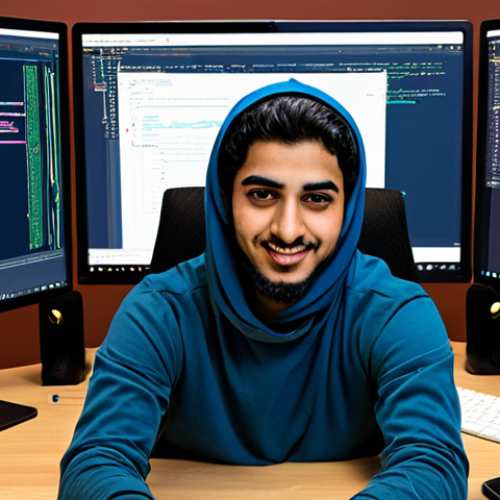 Home 19 **
A vibrant, modern workspace featuring a young Arab developer working on a complex web development project. The scene includes multiple monitors displaying lines of code (HTML, CSS, JavaScript), design mockups, and online learning resources. Include elements that subtly reference Arabic design principles or aesthetics, such as geometric patterns or calligraphy in the background. The developer should appear focused and enthusiastic. Emphasis on the use of modern tools like React, Angular, or Vue.js can be included.
**