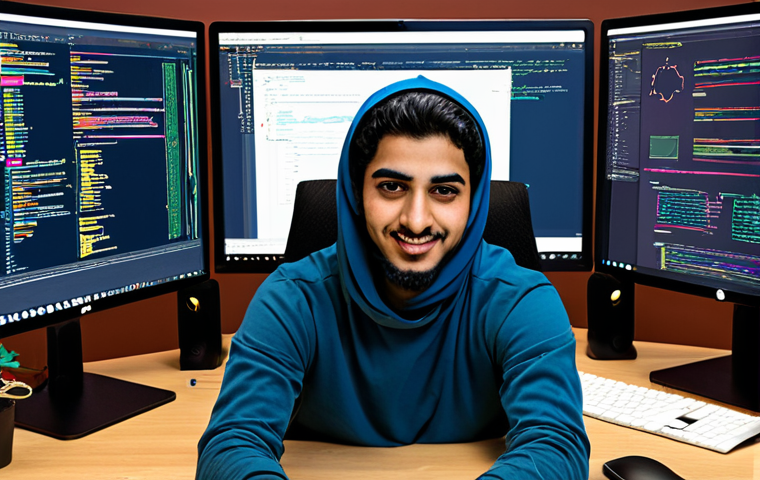 **

A vibrant, modern workspace featuring a young Arab developer working on a complex web development project. The scene includes multiple monitors displaying lines of code (HTML, CSS, JavaScript), design mockups, and online learning resources.  Include elements that subtly reference Arabic design principles or aesthetics, such as geometric patterns or calligraphy in the background. The developer should appear focused and enthusiastic.  Emphasis on the use of modern tools like React, Angular, or Vue.js can be included.

**
