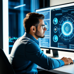 A professional male web developer in a modest, smart casual outfit, sitting at a desk in a futuristic, well-lit tech office. He is intently focused on a large, glowing holographic display showing intricate machine learning model diagrams, real-time data visualization, and complex code related to AI integration in web applications. The background is a modern, clean environment with subtle digital interfaces. safe for work, appropriate content, fully clothed, professional, perfect anatomy, correct proportions, natural pose, well-formed hands, proper finger count, natural body proportions, high quality, professional photography.