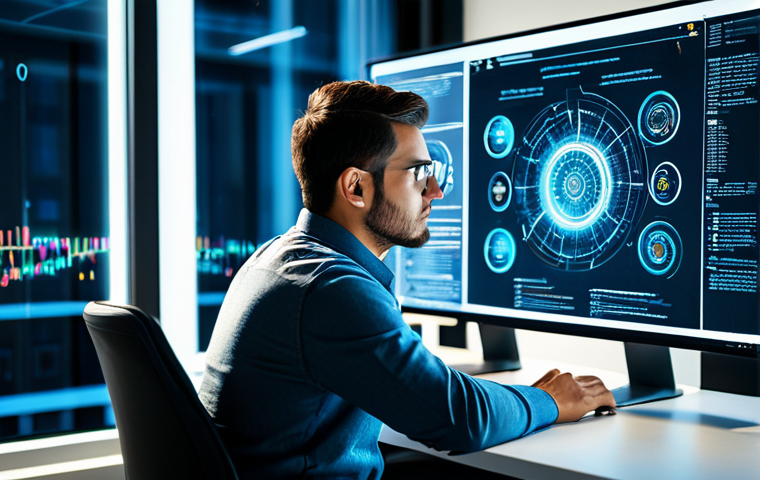 A professional male web developer in a modest, smart casual outfit, sitting at a desk in a futuristic, well-lit tech office. He is intently focused on a large, glowing holographic display showing intricate machine learning model diagrams, real-time data visualization, and complex code related to AI integration in web applications. The background is a modern, clean environment with subtle digital interfaces. safe for work, appropriate content, fully clothed, professional, perfect anatomy, correct proportions, natural pose, well-formed hands, proper finger count, natural body proportions, high quality, professional photography.