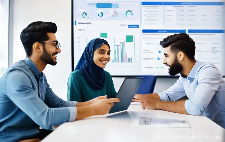 웹개발자 취업 시장 변화 - **Prompt:** A diverse group of young adult web developers, both male and female, of Arab descent, ar...