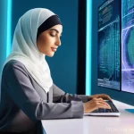 웹개발자 기술 공유 경험 - **Prompt:** "A highly detailed, vibrant image depicting a contemporary Arab web developer, a woman w...