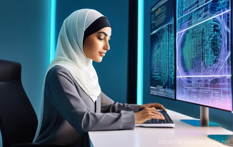 웹개발자 기술 공유 경험 - **Prompt:** "A highly detailed, vibrant image depicting a contemporary Arab web developer, a woman w...