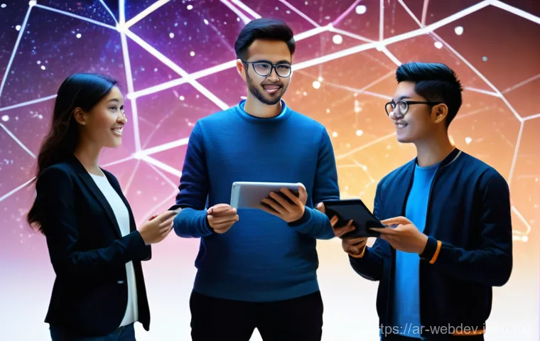 웹개발자 개발 언어 트렌드 - **Prompt:** A dynamic and inspiring scene featuring a diverse group of three young, enthusiastic dev...