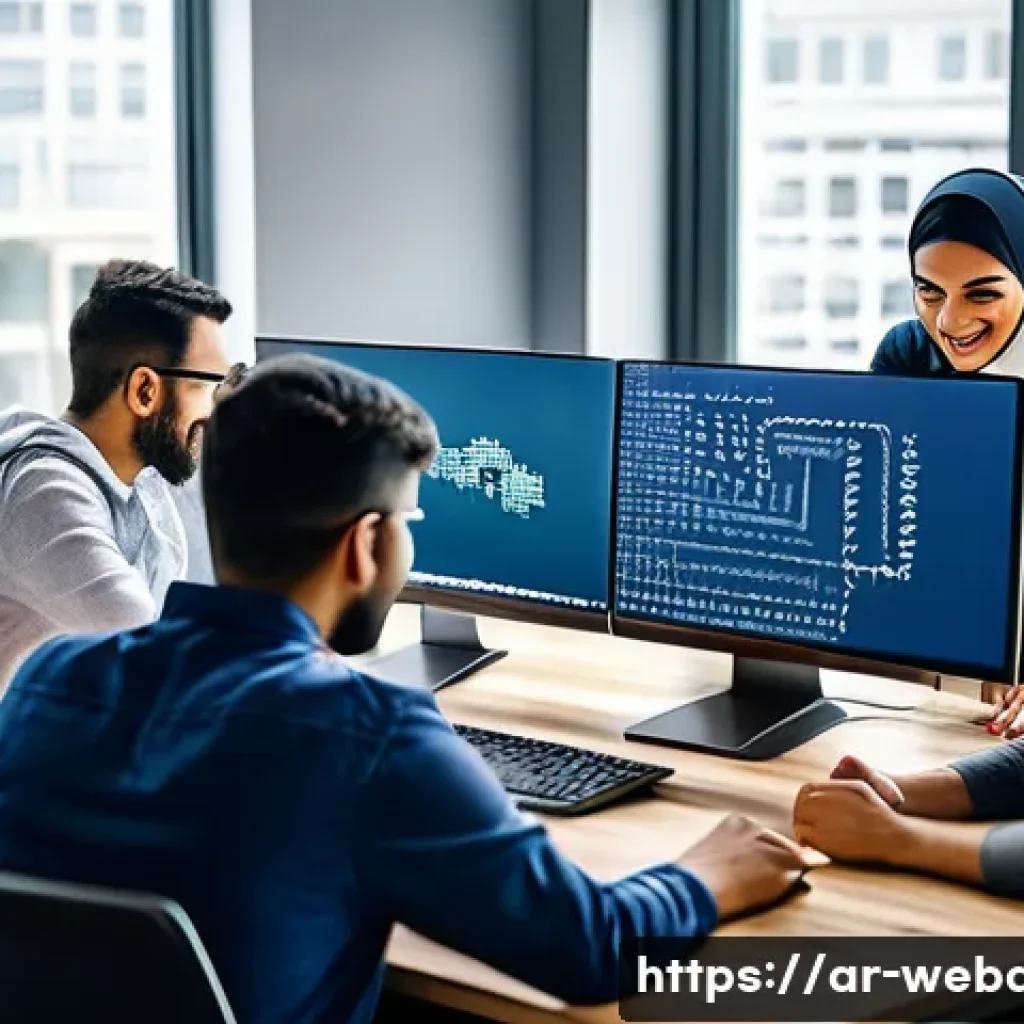 웹개발자 코드 품질 관리 - A diverse group of Arab software developers collaborating in a modern office, surrounded by multiple...