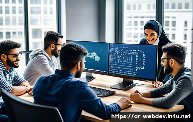 웹개발자 코드 품질 관리 - A diverse group of Arab software developers collaborating in a modern office, surrounded by multiple...