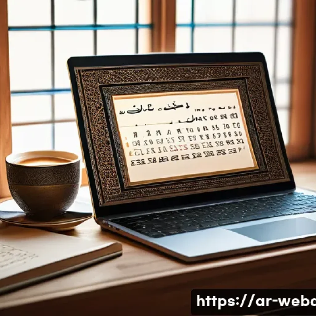 웹개발자 이론학습 방법 - A detailed illustration of a modern web developer&rsquo;s workspace focused on Arabic cultural elements: a...