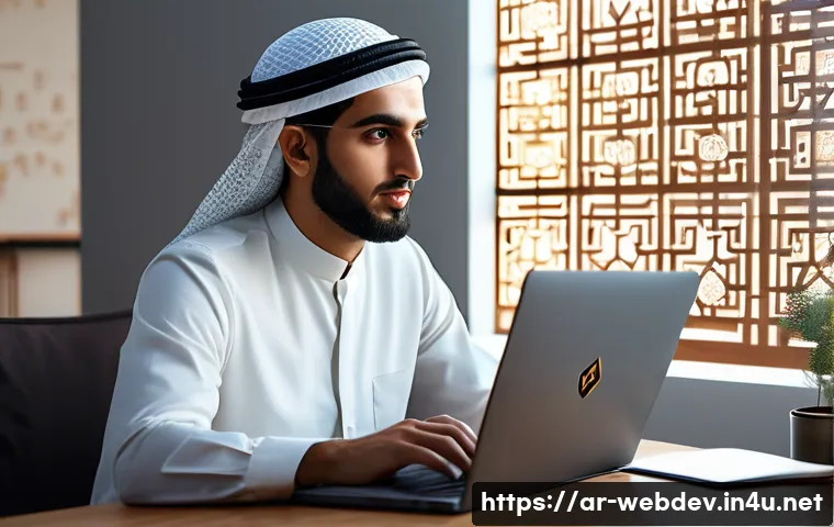웹개발자 최신 라이브러리 - A modern Arab developer workspace featuring a young Middle Eastern man in casual smart attire workin...