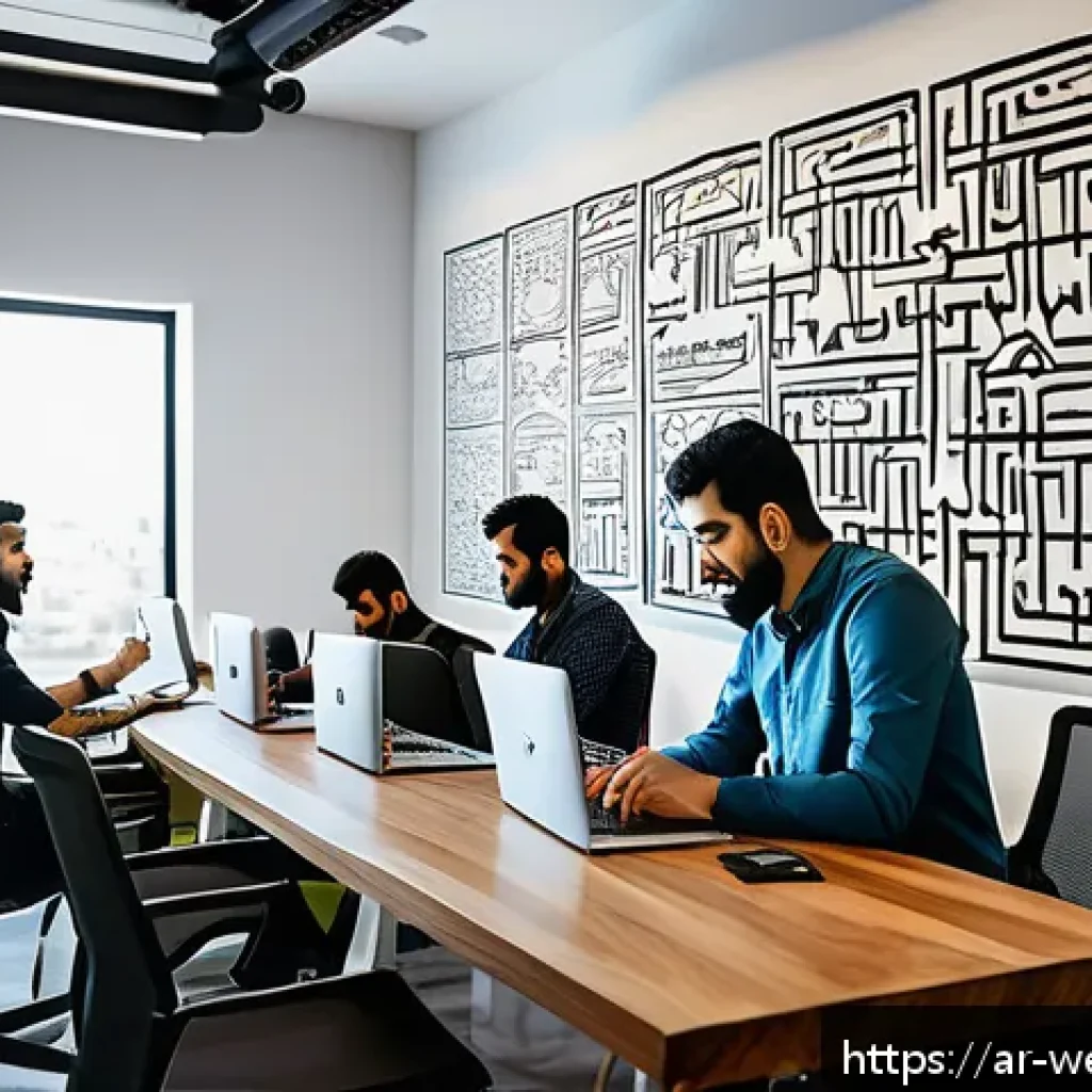 웹개발자 코드 작성 습관 - A modern, bright co-working office space in a Middle Eastern city, featuring a diverse group of Arab...
