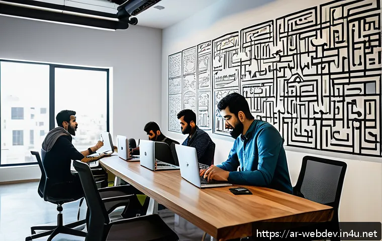 웹개발자 코드 작성 습관 - A modern, bright co-working office space in a Middle Eastern city, featuring a diverse group of Arab...
