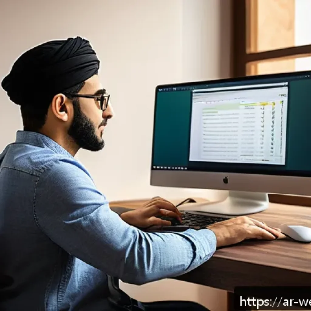 웹개발자 취업 전 준비사항 - A modern Arab web developer workspace in a cozy home office setting, featuring dual monitors display...