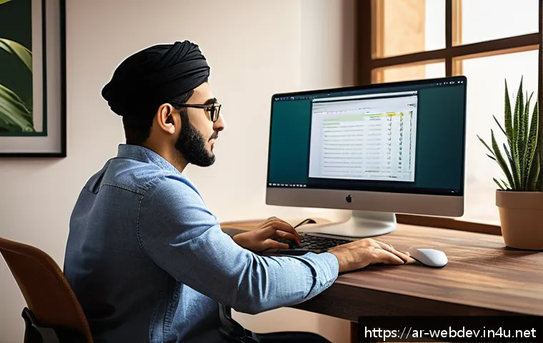 웹개발자 취업 전 준비사항 - A modern Arab web developer workspace in a cozy home office setting, featuring dual monitors display...