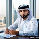 웹개발자 연봉 협상 팁 - A professional Middle Eastern man in business casual attire sitting confidently at a modern office d...