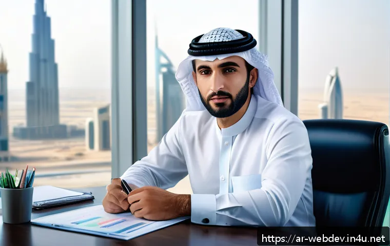 웹개발자 연봉 협상 팁 - A professional Middle Eastern man in business casual attire sitting confidently at a modern office d...