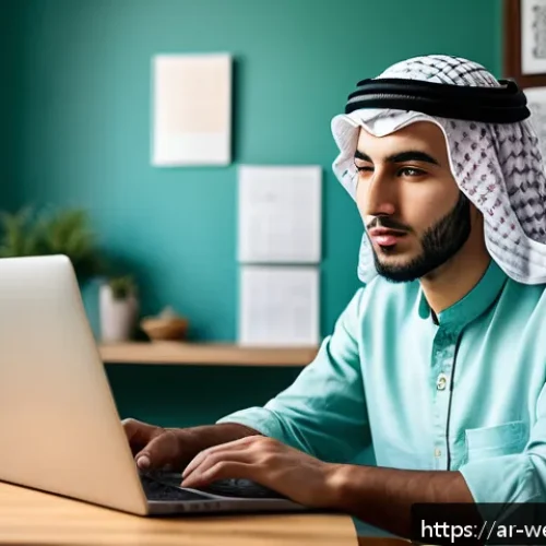 웹개발자 취업 성공 사례 - A focused young Arab man sitting at a modern desk in a cozy home office, studying web development on...