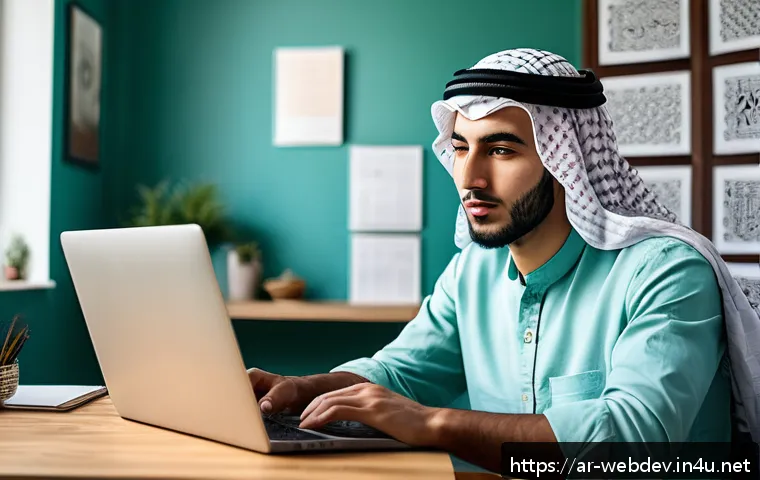 웹개발자 취업 성공 사례 - A focused young Arab man sitting at a modern desk in a cozy home office, studying web development on...