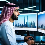 웹개발자 연봉 통계 - A modern Arab web developer working in a sleek, high-tech office in Dubai, surrounded by multiple la...