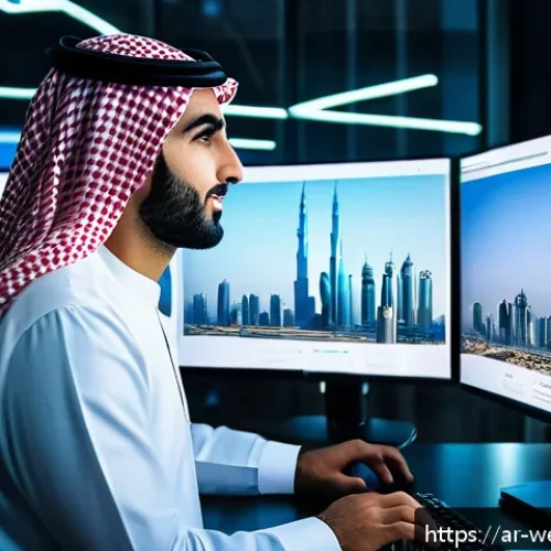 웹개발자 연봉 통계 - A modern Arab web developer working in a sleek, high-tech office in Dubai, surrounded by multiple la...