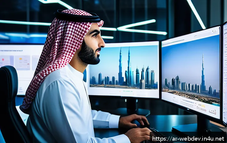웹개발자 연봉 통계 - A modern Arab web developer working in a sleek, high-tech office in Dubai, surrounded by multiple la...