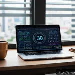 웹개발자 효율적인 개발 도구 - A modern Arabic software developer workspace featuring a sleek laptop displaying Visual Studio Code ...