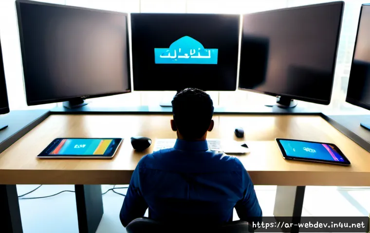 Home 17 웹개발자 프론트엔드 실무 - Photorealistic modern frontend web developer at work in a bright Riyadh-style creative office, Arab ...