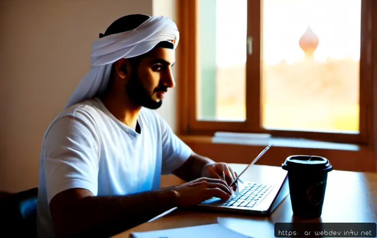 웹개발자 실습 기반 학습 - Photorealistic young Arab web developer in a bright modern home workspace, actively building a websi...