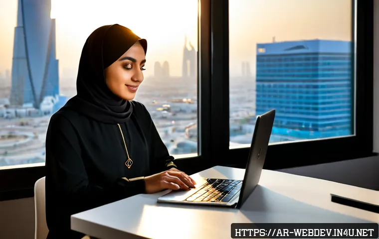 웹개발자 AI 연계 기술 - Photorealistic modern web developer workspace in Riyadh, a young Arab professional wearing modest sm...